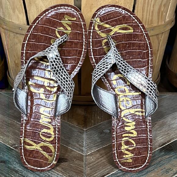 Sam Edelman Romy Metallic Snakeskin Leather Cork Wedge Thong Sandal Women Size 8 - Picture 9 of 11